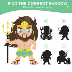 Find the correct shadow of cute Poseidon the Greek gods of the sea and water. Matching shadow game for children. Worksheet for kid. Educational printable worksheet. Vector illustration.