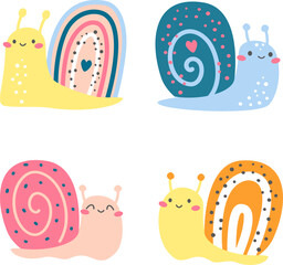 Set of children's vector illustrations. Cute smiling snails in Scandinavian style