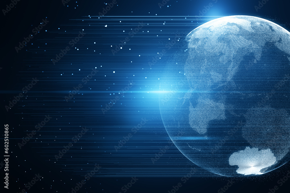 Poster Glowing blue polygonal earth hologram with lines and sparkles on dark background. Metaverse and global world concept. 3D Rendering.