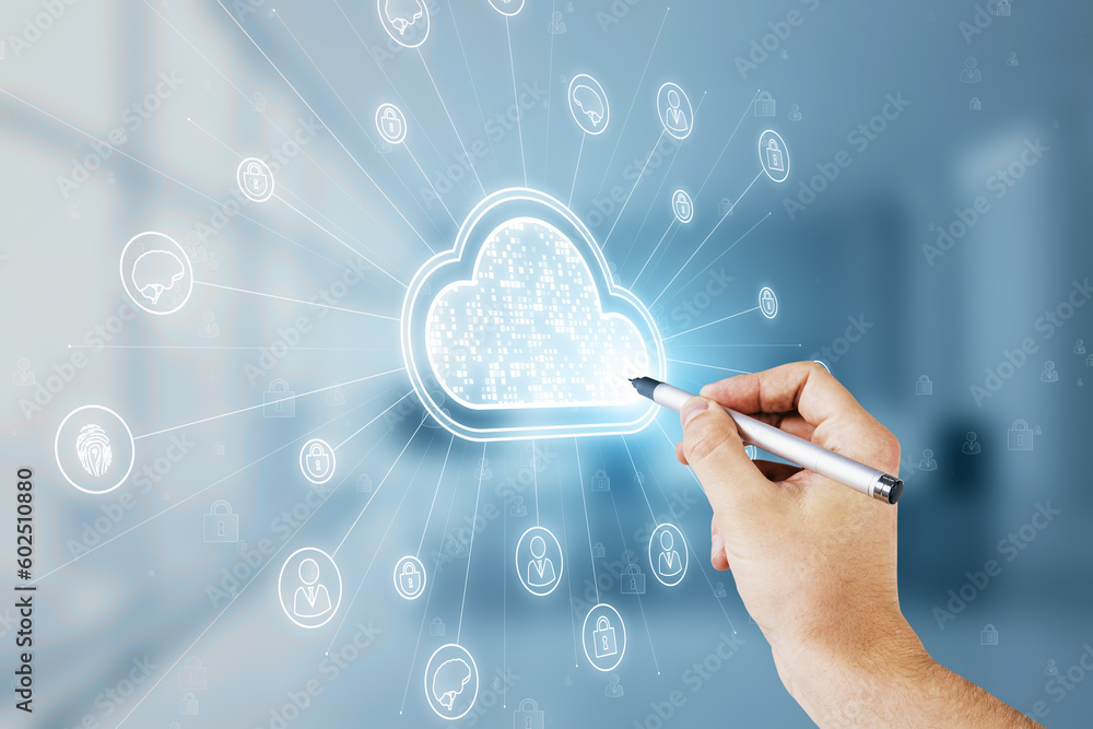 Poster close up of male hand with pen pointing at digital white cloud hologram with various icons on blurry