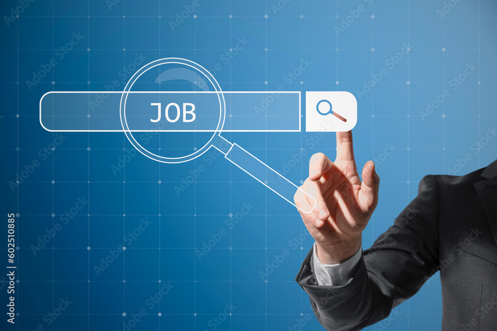 Poster recruitment hiring technology and human resources concept with man finger on virtual touch screen wi