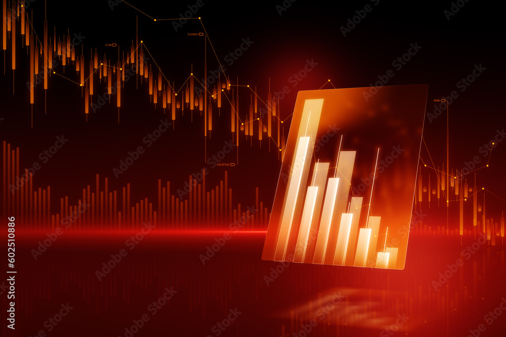Poster Global economy crisis and stock market crash concept with falling down digital red financial chart candlestick and graphs on dark background with empty space. 3D rendering