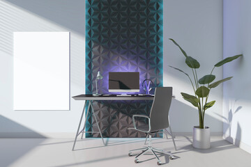 Modern home office workplace interior with furniture, equipment and empty white mock up poster in sunlight. 3D Rendering.