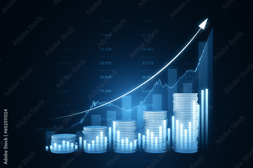 Aufkleber Take your investments to next level with cutting-edge trading and investing software. 3D rendering of digital glowing stock market graphs and financial diagrams with rising up arrow on blue background