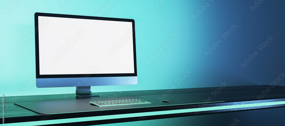 Poster Abstract blue workplace with empty white mock up computer monitor. Office concept. 3D Rendering.