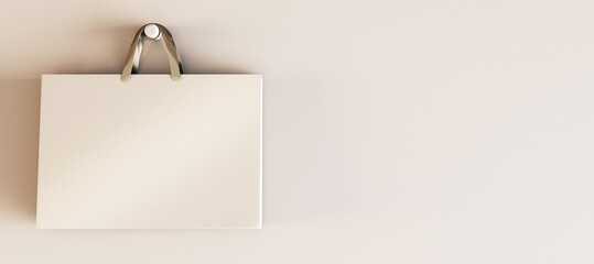 Shopping or present concept with beige craft bag with golden handles on blank light wall background with place for campaign or advertising poster or logo brand. 3D rendering, mock up