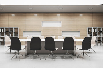Front view on modern light conference table surrounded by stylish chairs on light concrete floor in spacious meeting room with wooden wall background and high white ceiling. 3D rendering
