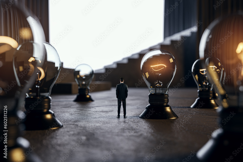 Poster Back view of businessman with abstract chess light bulbs placed on concrete surface with stairs and blurry white mock up place in the background. Idea, energy and retro decor.