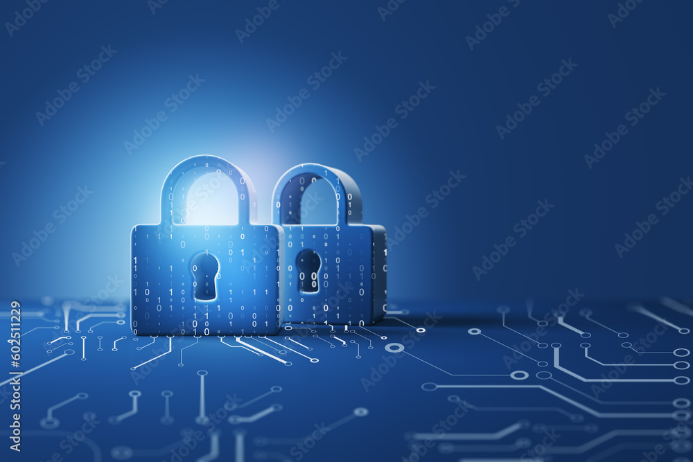 Poster Cyber data, privacy and network protection concept with padlocks binary code printed on circuit surface and abstract blue background with space for advertising poster or frame. 3D rendering, mockup