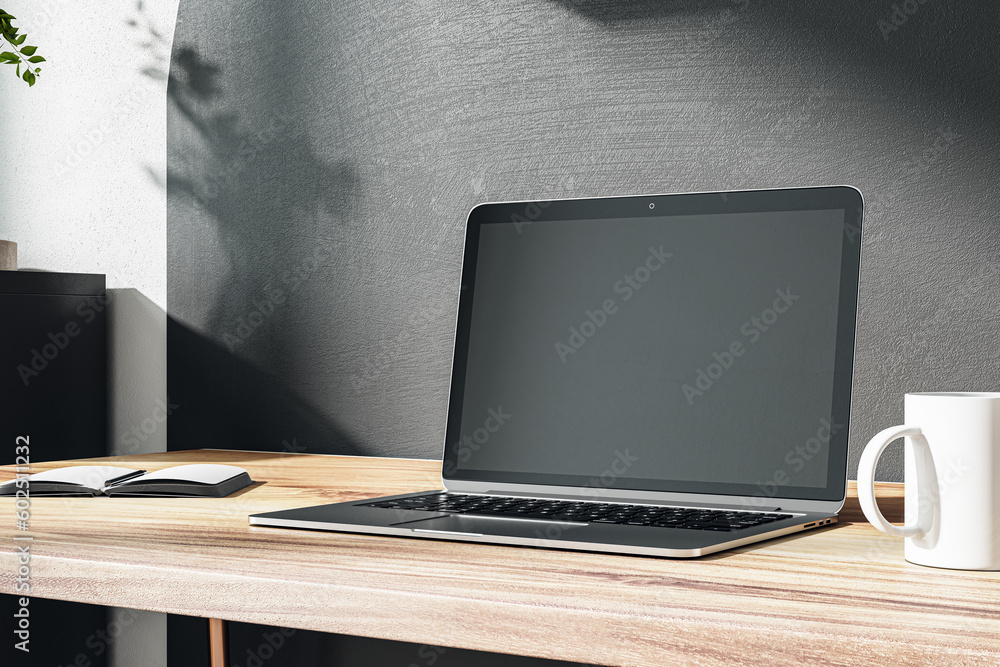 Poster perspective view on blank dark modern laptop monitor with place for web design, website or landing p