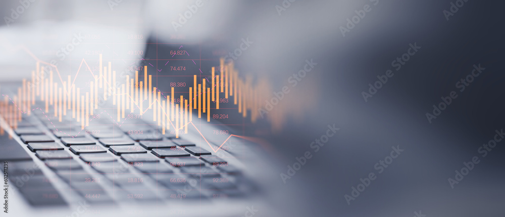 Poster Close up of laptop computer keyboard with glowing downward business chart on blurry wide perspective background with mock up place. Crisis and stock market recession concept. Double exposure.