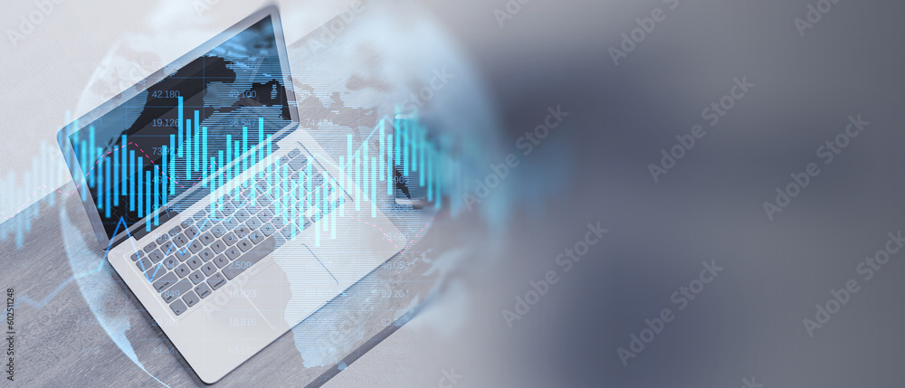 Poster close up of laptop with glowing upward business chart and globe hologram on blurry wide perspective 
