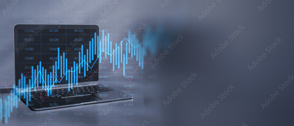 Poster close up of laptop with glowing upward business chart on blurry wide perspective background with moc