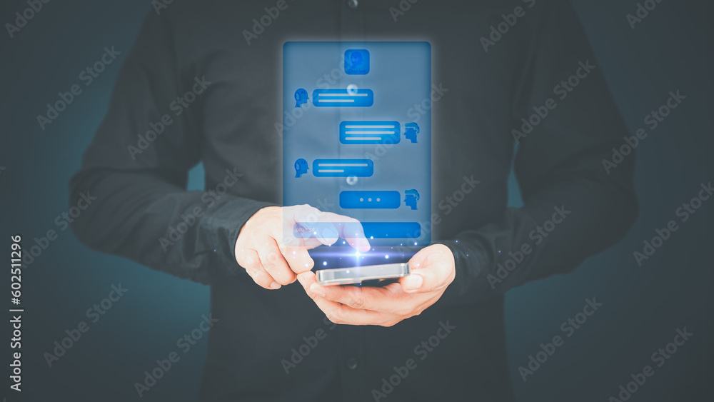 Leinwandbilder Young man using smartphone chatting with chat bot, Chat with smart AI or Artificial Intelligence technology. Futuristic technology transformation. Chatbot ai communication by mobile phone.