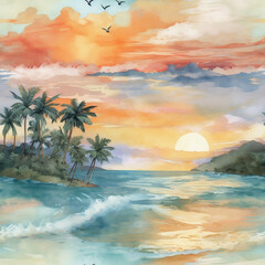 Fototapeta na wymiar A watercolor painting of a tranquil beach scene with a colorful sunset, gentle waves, and palm trees swaying in the breeze. Generative AI
