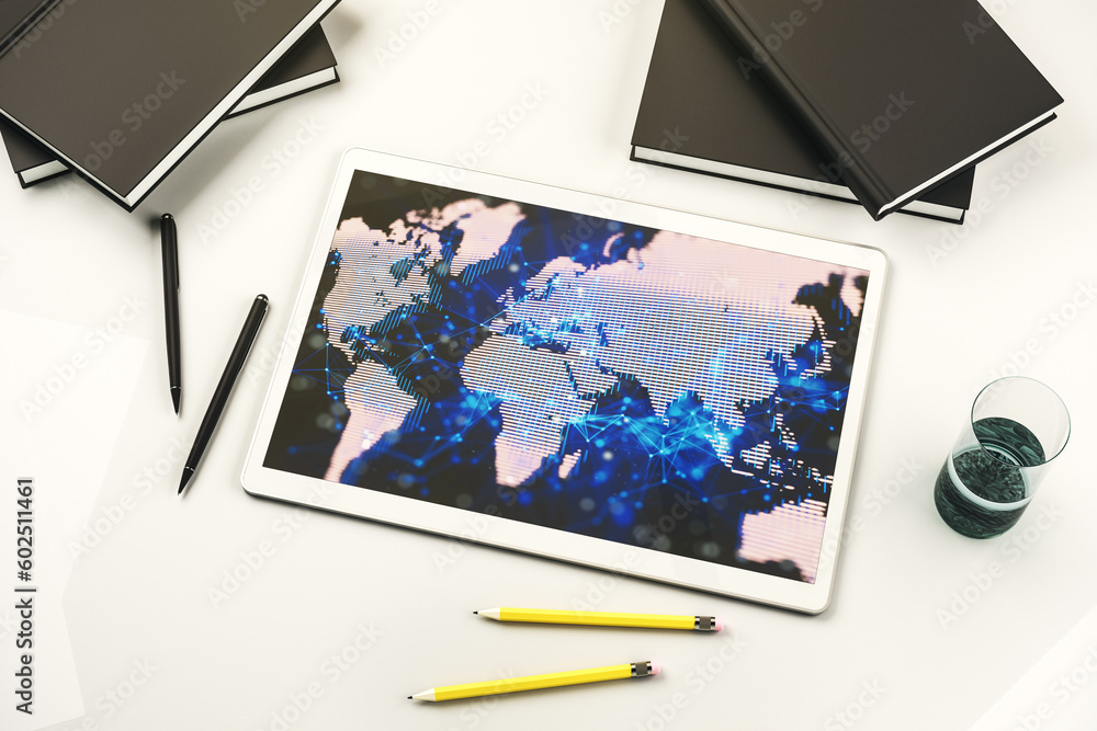Poster abstract graphic world map on modern digital tablet screen, connection and communication concept. to