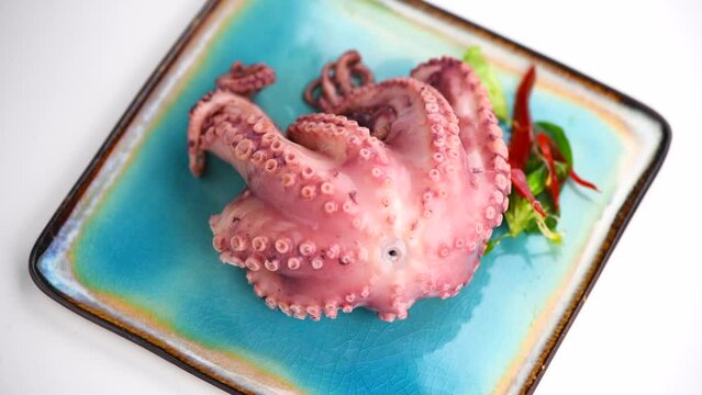 Octopus serving with vegetables, sea food. Freshly boiled octopus on a blue plate rotating, Mediterranean cuisine, dinner. Border design ver white background. Top view