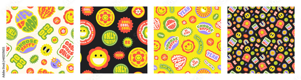 Aufkleber Trendy vector set colorful cartoon stickers seamless patterns with smiling face and text on a beige, yellow and black background. Collection of cute funny icons, positive slogans in style 70, 80s. 