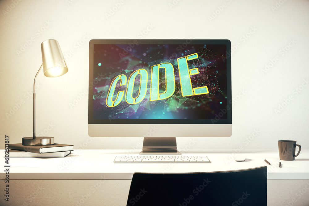 Aufkleber Creative Code word hologram on modern computer monitor, artificial intelligence and neural networks concept. 3D Rendering