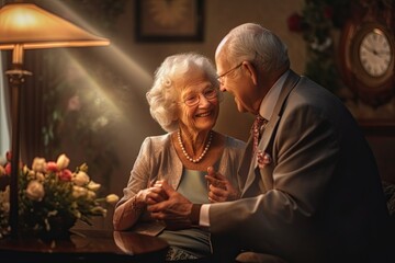 Senior couples take care of each other together time in their living room, Generative AI
