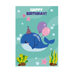 Happy birthday invitation, greeting, greeting card, background, sea, whale, summer