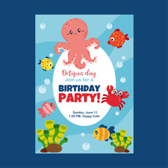 birthday invitation with octopus and fishes, summer party, hello summer, happy birthday