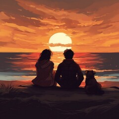 A Couple Watching Sunset on Beach. Generative AI