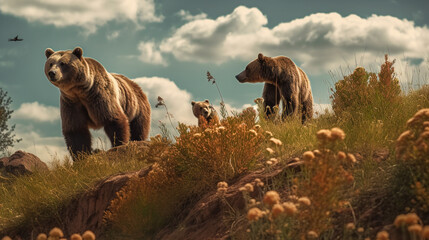 A bear in a field with mountains in the background