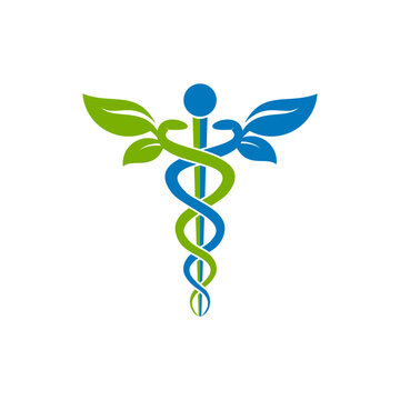 Leaf caduceus medical symbol, healthcare logo 