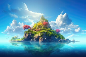 A fabulously beautiful floating island in the middle of the ocean and clouds. Generative AI