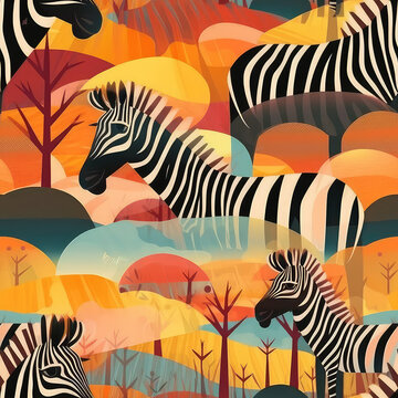 Zebras seamless repeat pattern - fantasy colorful Africa cubism, abstract art, trippy psychedelic [Generative AI]

