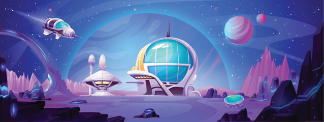 Space station building on planet vector landscape. Futuristic spaceship on Mars city base cartoon background. Alien colony in cosmos with exploration mission and research adventure game banner © klyaksun