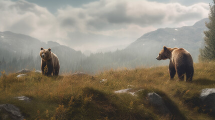 A bear in a field with mountains in the background