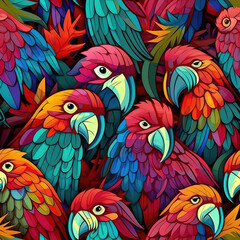 Parrots seamless repeat pattern - fantasy colorful cubism, abstract art, trippy psychedelic [Generative AI]

