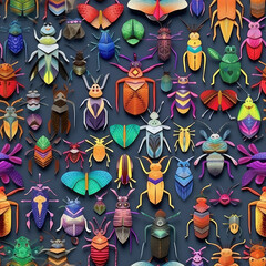 Paper bugs seamless repeat pattern - fantasy colorful origami, abstract art [Generative AI]