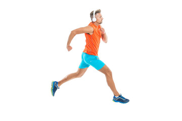 runner sprinted with incredible speed in headphones. sport competition. runner at long sport run. runner run isolated on white studio. sport runner crossed the finish line after completing a marathon