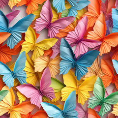 Obraz na płótnie Canvas Paper butterflies seamless repeat pattern - fantasy colorful origami, abstract art [Generative AI]