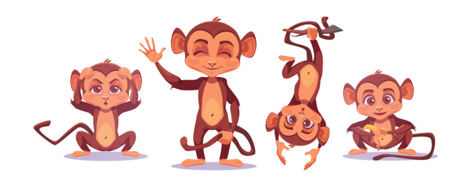 Cute monkey baby cartoon animal vector character. Isolated funny jungle animal with smile on face and tail on white background. Playful family from zoo clipart set. Adorable wild safari active family