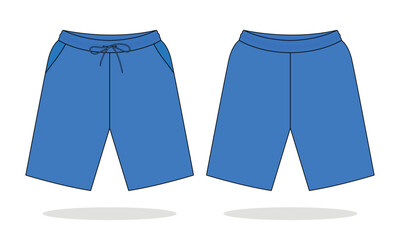 Blank Blue Running Shorts Pants Template On White Background.Front And Back View, Vector File.