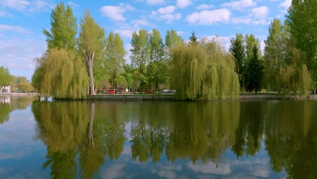 Calm spring view of Seret river. Colorful morning scene of Taras Shevchenko Park in Ternopil town, Ukraine, Europe. Beauty of nature concept background. 4K video (Ultra High Definition)..