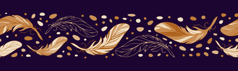 Golden feathers, phoenix, firebird. Feathers seamless bright ethnic border in boho style. Tribal theme, Indians, dream catchers, boho chic. For wallpaper, fabric, wrapping, background