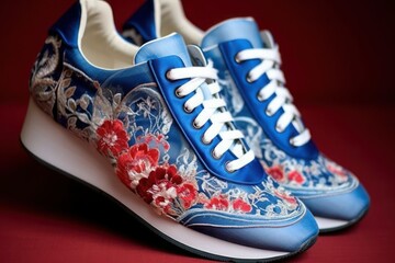 A Beautiful Blue and Red Embroidery Shoes. Generative AI