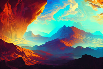 Colorful abstract landscape of mountains and clouds Illustration background. AI generated image