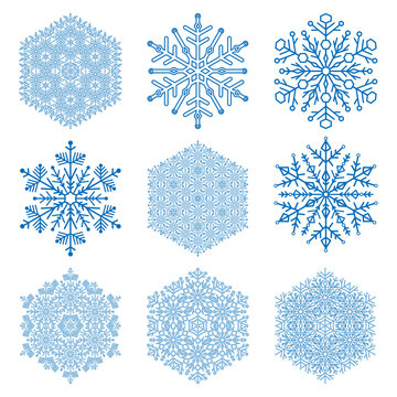 Set of blue snowflakes. Light blue winter ornaments. Snowflakes collection. Snowflakes for backgrounds and designs