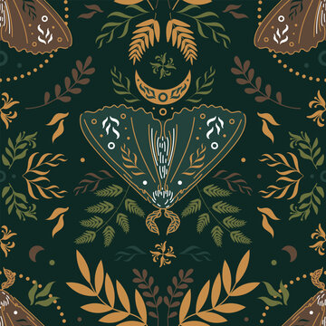 Natural magic motif in Scandinavian folk style. Vintage illustration. Seamless pattern with butterflies, ferns and other forest herbs. Fairy forest. For printing on fabric, wallpaper