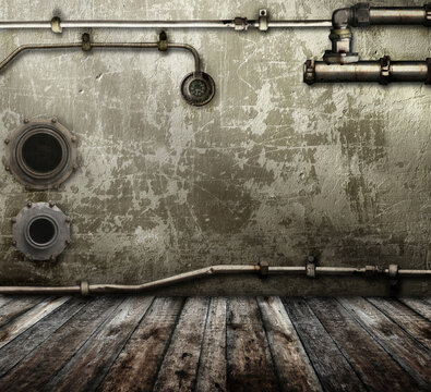 Vintage steampunk backdrop with pipes, stucco wall and wooden floor. Open space with concrete wall, pipelines and wooden floor. Mock-up with copy space. Grunge interior background
