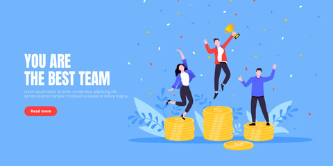 People standing on the money podium rank first three places, jumps in the air with trophy cup. Employee recognition and competition award winner business concept flat style design vector illustration.