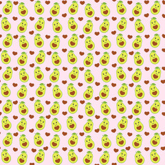 Cute seamless background with avocado and hearts. Avocado Fruit Characters with funny faces. Cute re-print, scarf, packaging design. Vector romantic background