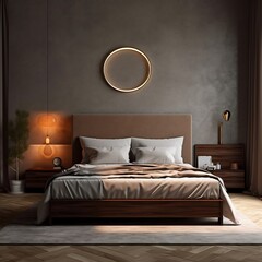 Modern Bedroom Interior with Double Bed and Wall. Generative AI