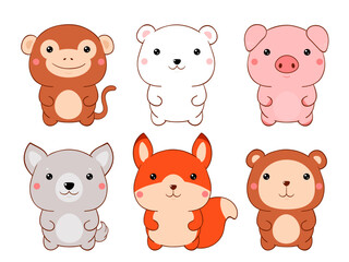 Set of cute fat cartoon animals in kawaii style. Collection of lovely animal baby. Funny monkey, squirrel, polar bear, wolf, gopher, pig. Vector illustration EPS8